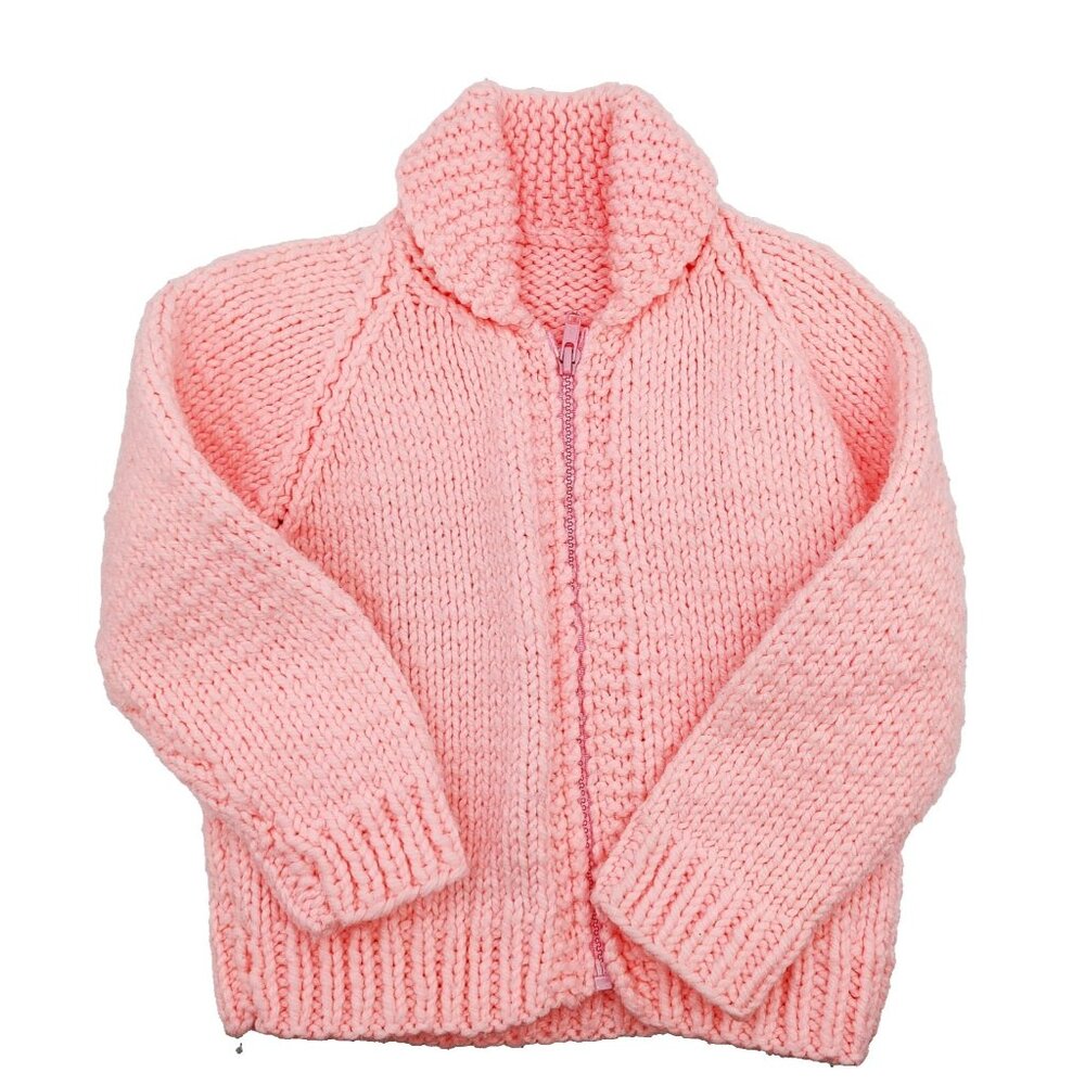 Vintage Knit Cardigan Sweater Girls Pink Full Zip with Skunk Knitted On Back